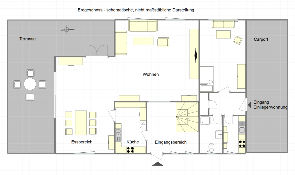 Erdgeschoß-Grundriss schematisch, nicht maßstäblich dargestellt