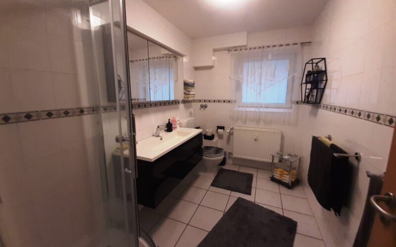 Bad mit Dusche, WC, Waschtisch und Fenster