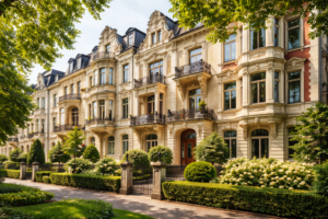 Immobilienmarkt / Preisentwicklung 2026 – Rückblick & Vorausschau. Das Bild zeigt eine Häuserreihe bestehend aus hochwertigen Wohnhäusern im Gründerstil mit grünen Vorgärten.