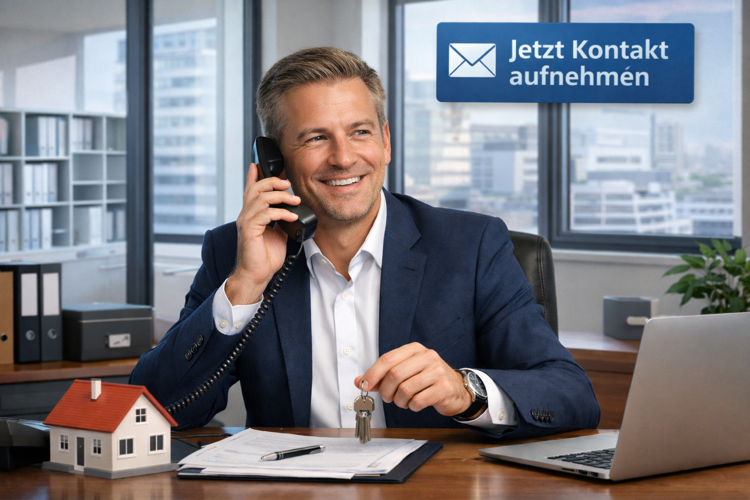 Ein Immobilienmakler sitzt am Schreibtisch und telefoniert mit einem Kunden. Im Hintergrund ist ein Fenster mit Blick auf eine Stadt.