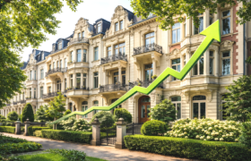 Immobilienmarkt / Preisentwicklung 2026 – Rückblick & Vorausschau. Das Bild zeigt eine Häuserreihe bestehend aus hochwertigen Wohnhäusern im Gründerstil mit grünen Vorgärten.