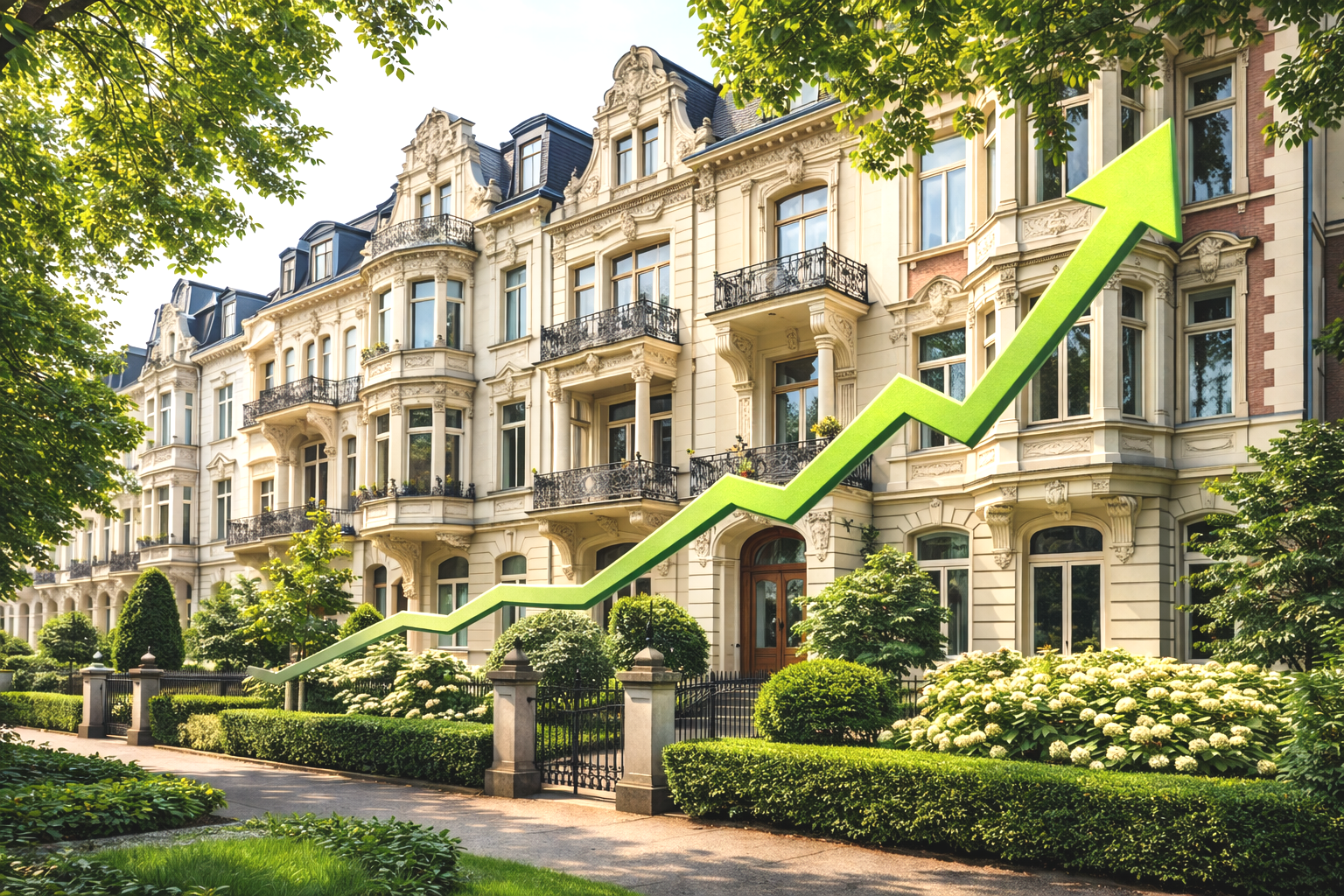 Immobilienmarkt / Preisentwicklung 2026 – Rückblick & Vorausschau. Das Bild zeigt eine Häuserreihe bestehend aus hochwertigen Wohnhäusern im Gründerstil mit grünen Vorgärten.