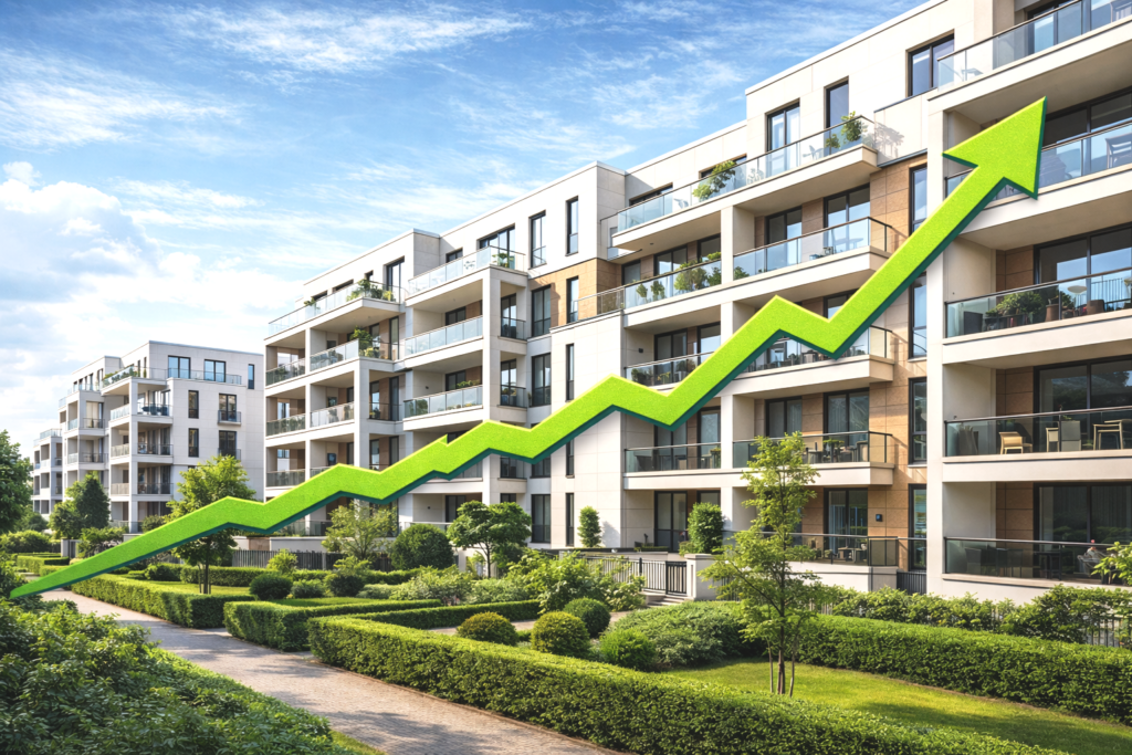 Moderne Wohnhäuser mit weißen Fassaden, Balkonen und großzügigen Vorgärten. Ein gehobenes Wohnumfeld. Häuser dieser Art werden in Iserlohn, Hemer, Menden, Hagen und Umgebung verkauft.