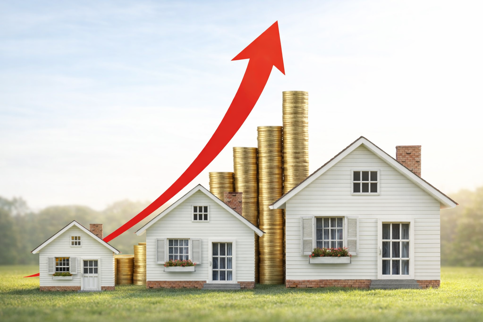 Drei unterschiedlich große Häuser. Darüber eine auffwärts gerichtete Kurslinie. Zwischen den Häusern sind Münzen gestapelt. Das Bild stell die Preissteigerung bei Immobilie dar.