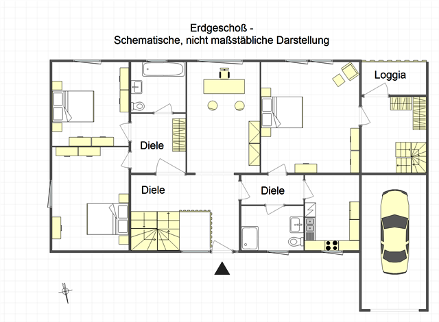 Schematische Grundrissdarstellung des Erdgeschoßes des Einfamilienhauses in Iserlohn Hennen einschließlich der Garage.