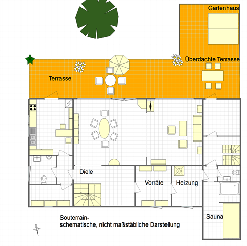 Grundriss des Souterrain im Einfamilienhaus in Iserlohn Hennen. Farbige. schematische Darstellung