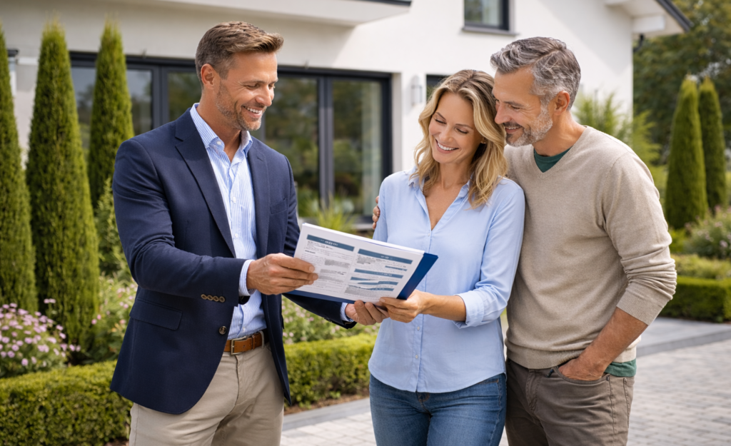 Makler überreicht eine Immobilienbewertung in Hemer. Der Kunde fragt was ist mein Haus in Hemer wert?