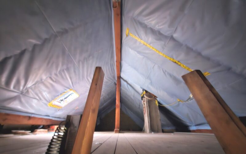 Das Dach hat eine Sparren-Dämmung und eine Einschubtreppe.