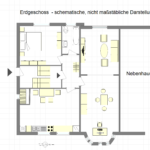 Erdgeschoß-Grundriss in schematischer Darstellung zeigt drei Zimmer, Küche, Diele, Bad und Eingang