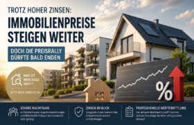 Immobilienmarkt: Hohe Nachfrage nach Immobilien trotz steigender Zinsen. Eine gezackte Kurslinie stellt die Preisentwicklung von Immobilien dar. Im Hintergrund siht mann Häuser