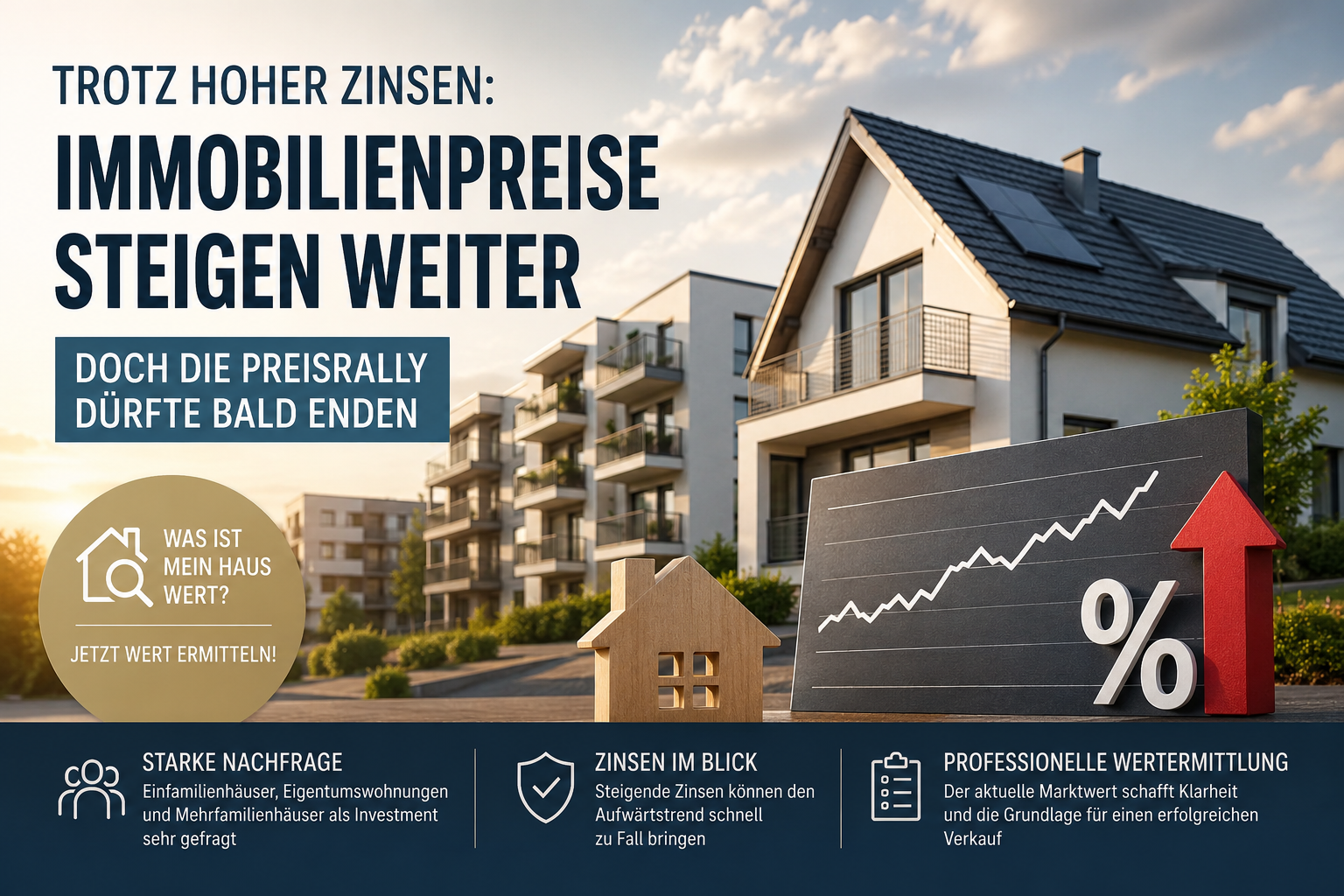 Immobilienmarkt: Hohe Nachfrage nach Immobilien trotz steigender Zinsen. Eine gezackte Kurslinie stellt die Preisentwicklung von Immobilien dar. Im Hintergrund siht mann Häuser