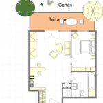 Schematische, nicht maßstäbliche Grundrissdarstellung der Appartement- Wohnung in Iserlohn Sümmern bestehend aus 2 Zimmern, Bad, Abstellraum und Terrasse.