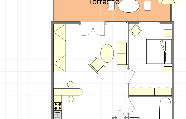 Schematische, nicht maßstäbliche Grundrissdarstellung der Appartement- Wohnung in Iserlohn Sümmern bestehend aus 2 Zimmern, Bad, Abstellraum und Terrasse.