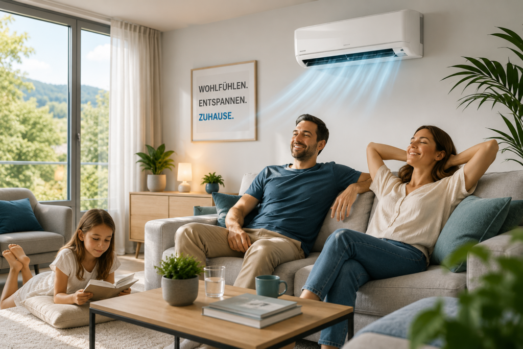 Eine Familie, Mutter, Vater und Tochter, genießen die neue, von der BAFA geförderte Klimaanlage
