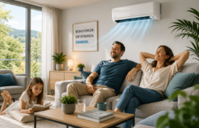 Eine Familie, Mutter, Vater und Tochter, genießen die neue, von der BAFA geförderte Klimaanlage