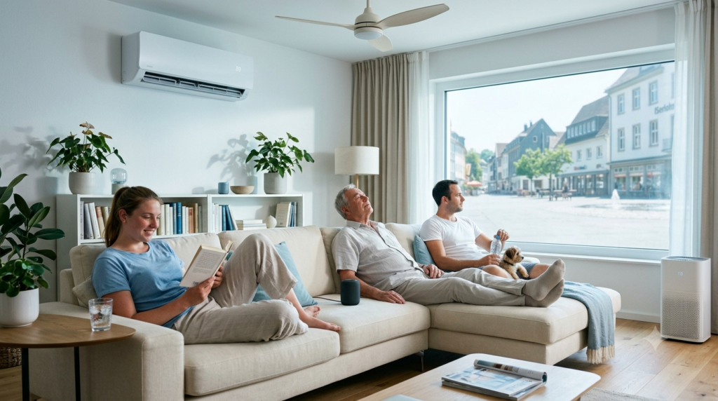 Eine entspannte Familie in einem Klimatisierten Wohnzimmer hat die Klimaanlagen-Förderung erhalten.