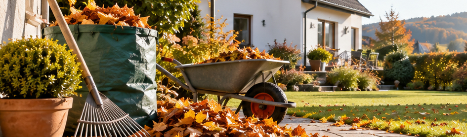 Im Herbst wird der Garten winterfest gemacht. Da letzte Laub wir geharkt.