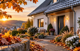Haus mit Sonnenuntergang. Herbst-Check für Ihre Immobilie Fassade, Keller Wasserleitung Rauchmelder, Gärten - alles o.k.?