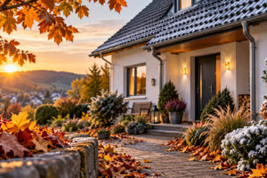 Haus mit Sonnenuntergang. Herbst-Check für Ihre Immobilie Fassade, Keller Wasserleitung Rauchmelder, Gärten - alles o.k.?