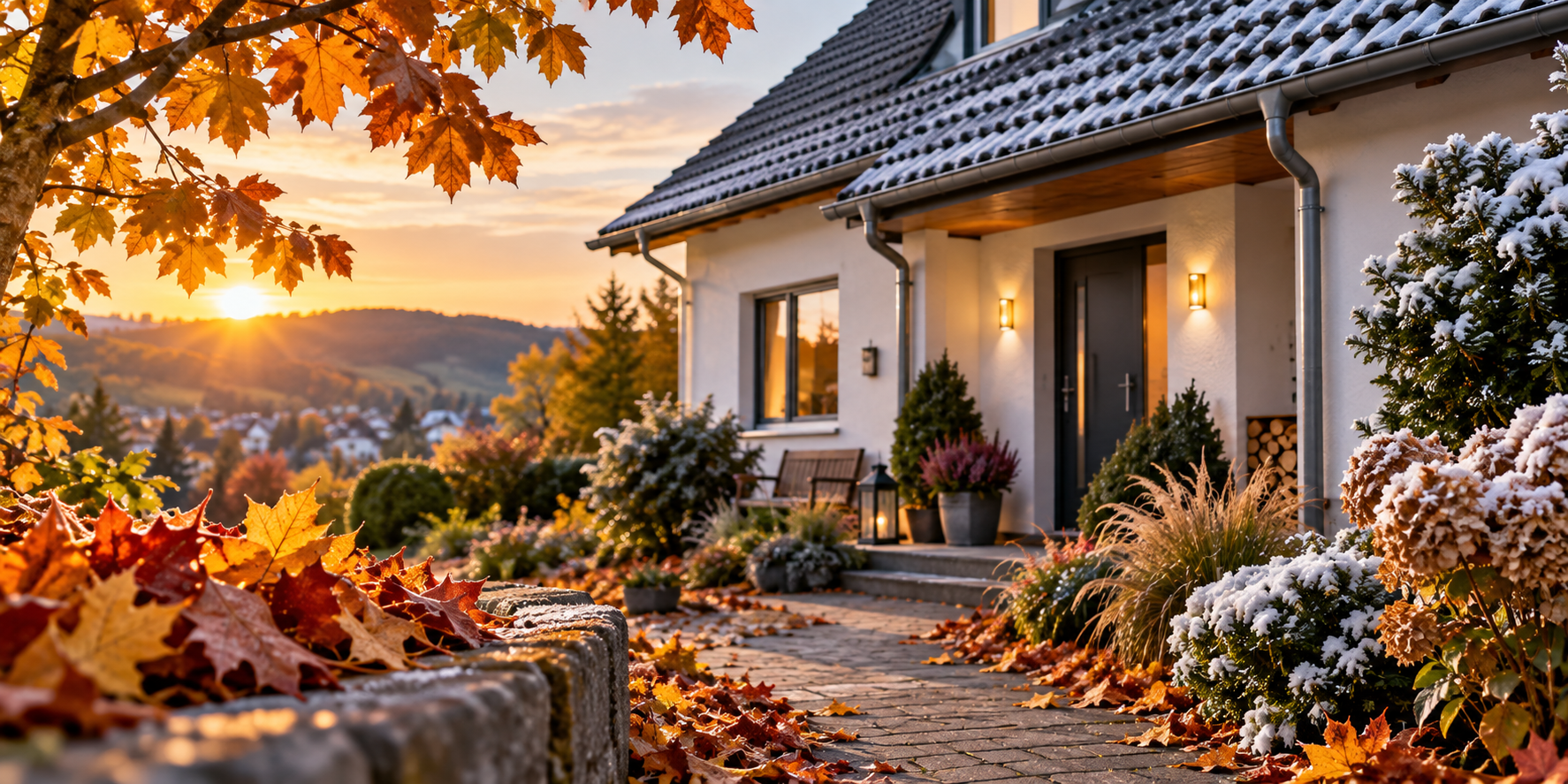 Haus mit Sonnenuntergang. Herbst-Check für Ihre Immobilie Fassade, Keller Wasserleitung Rauchmelder, Gärten - alles o.k.?
