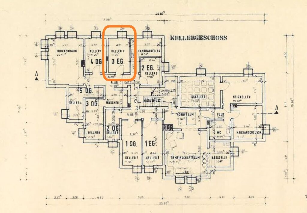 Keller-Grundriss mit dem zur Wohnung gehörendem Keller. Er ist mit 3 nummeriert.
