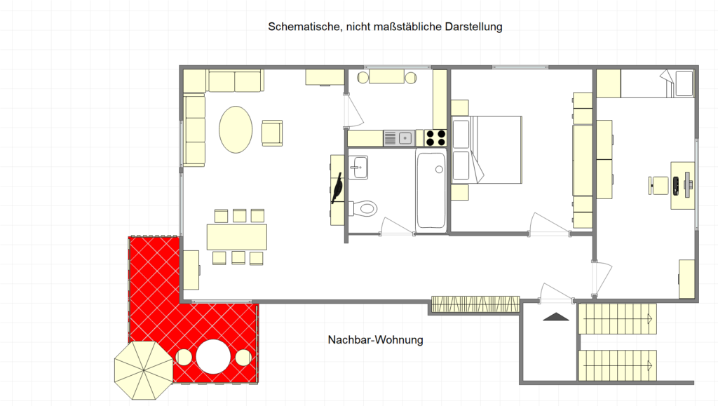 Schematische Darstellung der Wohnungs-Grundrisses der Wohnung in Hemer. Sie ist nicht maßstäblich. Das Treppenhaus ist erfasst und auch der Balkon